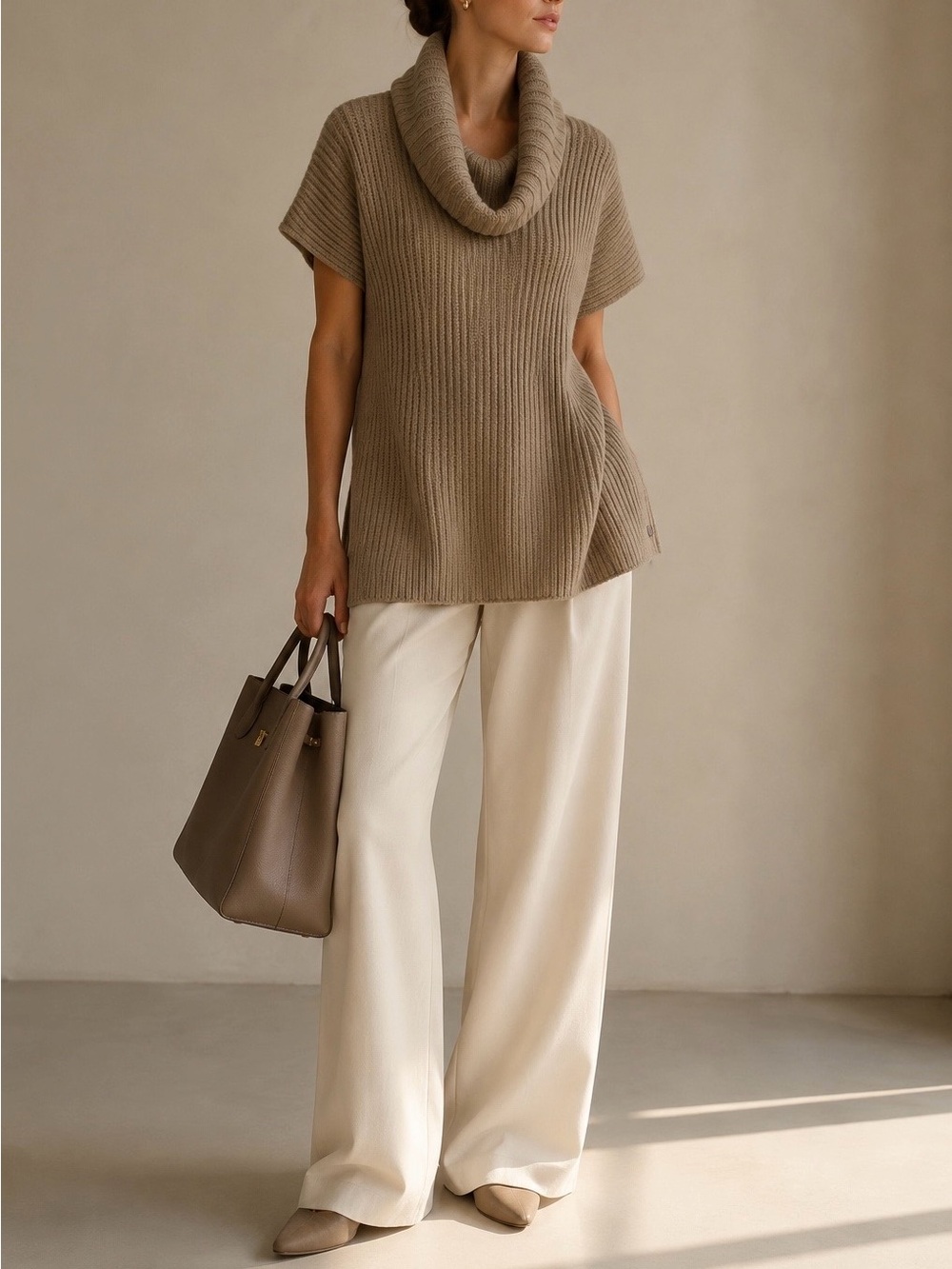 LORO PIANA 100% Cashmere Ribbed Cowl Neck Short Sleeve Longline Sweater